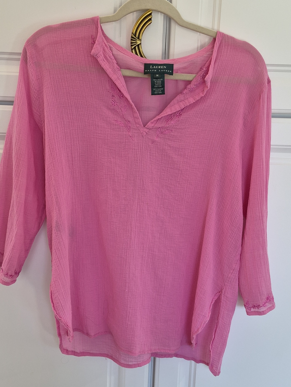 Lauren Ralph Lauren Pink Cotton Gauze V-Neck Tunic